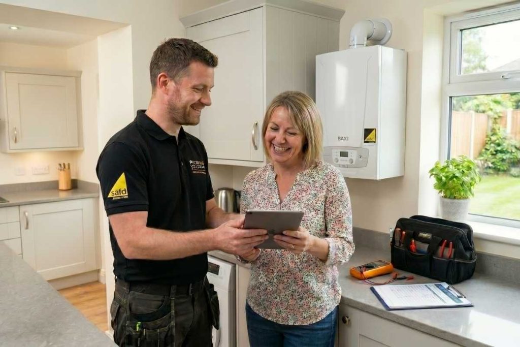 A boiler expert with a happy customer in Chorley
