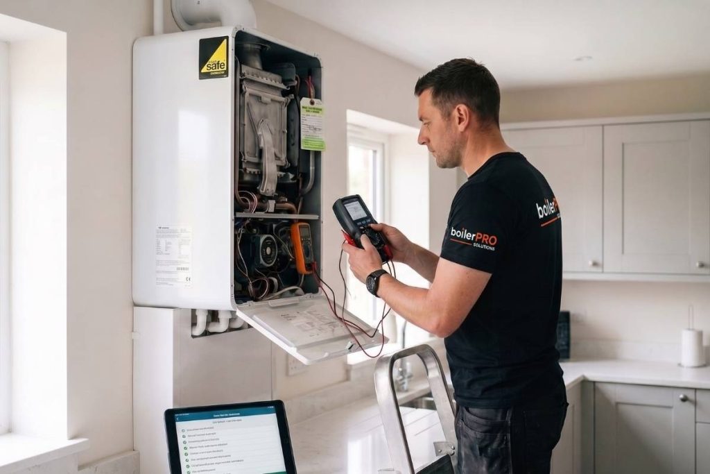 Gas Safe registered engineer using specialized tools to carry out a professional Baxi boiler service in Wigan.