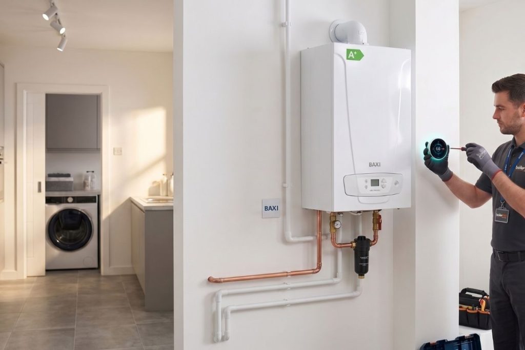 Boiler Pro Solutions engineer completing a new A-rated Baxi boiler installation and smart thermostat setup in a Wigan home