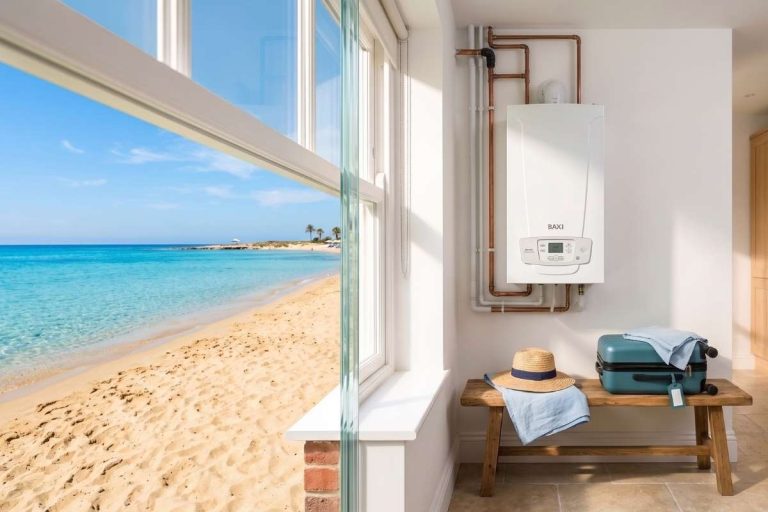 A white Baxi combi boiler installed next to a window overlooking a sunny beach, featuring a suitcase and holiday hat on a bench to represent summer boiler settings and vacation advice.