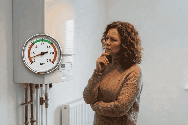 Lady looking at her boiler, confused because her boiler pressure has gone down.